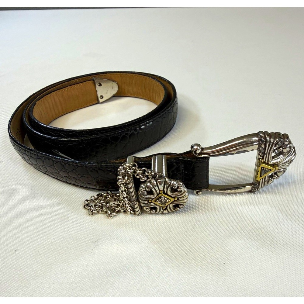 Brighton 46103 Black Croc Embossed Leather Belt Size 32 Mixed Metal Chain Charm